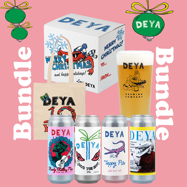 CORE & MERCH STOCKING FILLER - PINT GLASS & DEYA 10 TOTE BAG - 5.2%/4.2%/6.2%/4.4% - PA/PA/IPA/LAGER
