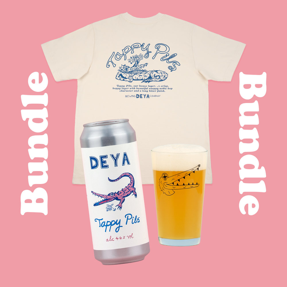 DEYA Tappy Pils Bundle inc 1 x Tappy Pils T Shirt, 1 x 500ml can of Tappy Pils lager & 1 x Black Croc Pint Glass
