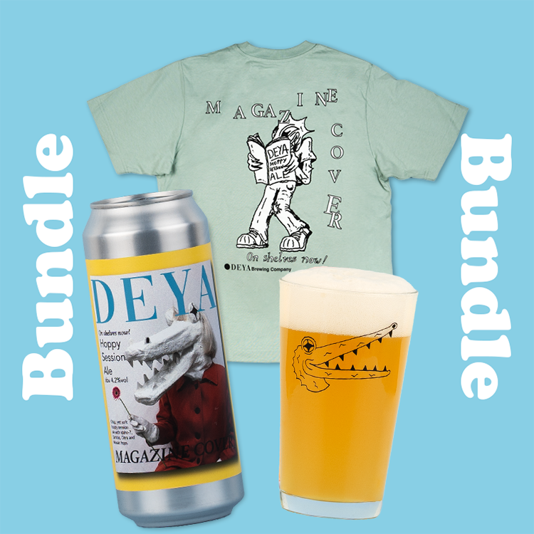 DEYA Merch bundle inc 1 x DEYA Black Croc Half Pint Glass, 1 x 500ml can of DEYA Magazine Cover  Pale Ale & 1 x Magazine cover T shirt