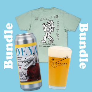 DEYA Merch bundle inc 1 x DEYA Black Croc Half Pint Glass, 1 x 500ml can of DEYA Magazine Cover  Pale Ale & 1 x Magazine cover T shirt