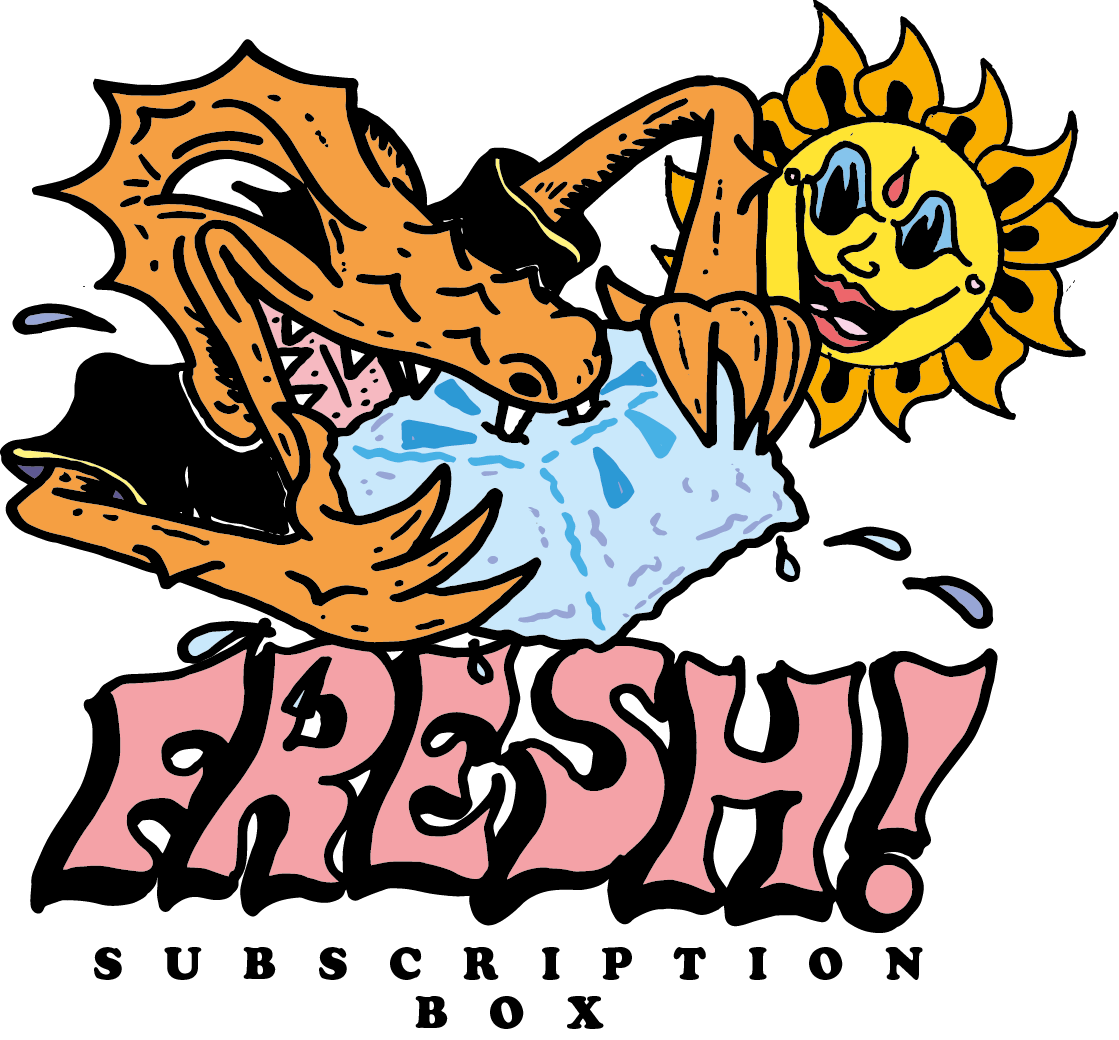 Croc biting an icecube with smiling face sun in the background. Text reads Subscription Box