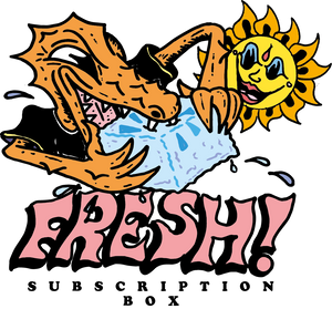 Croc biting an icecube with smiling face sun in the background. Text reads Subscription Box