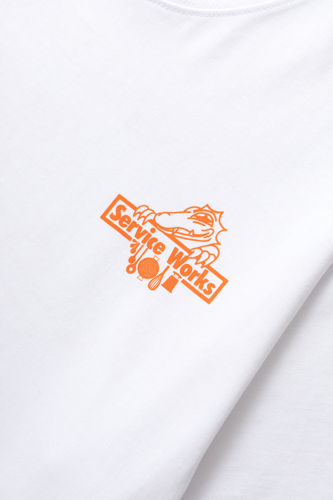 DEYA x Service Works Welcome Tee - White - Front Design Close Up