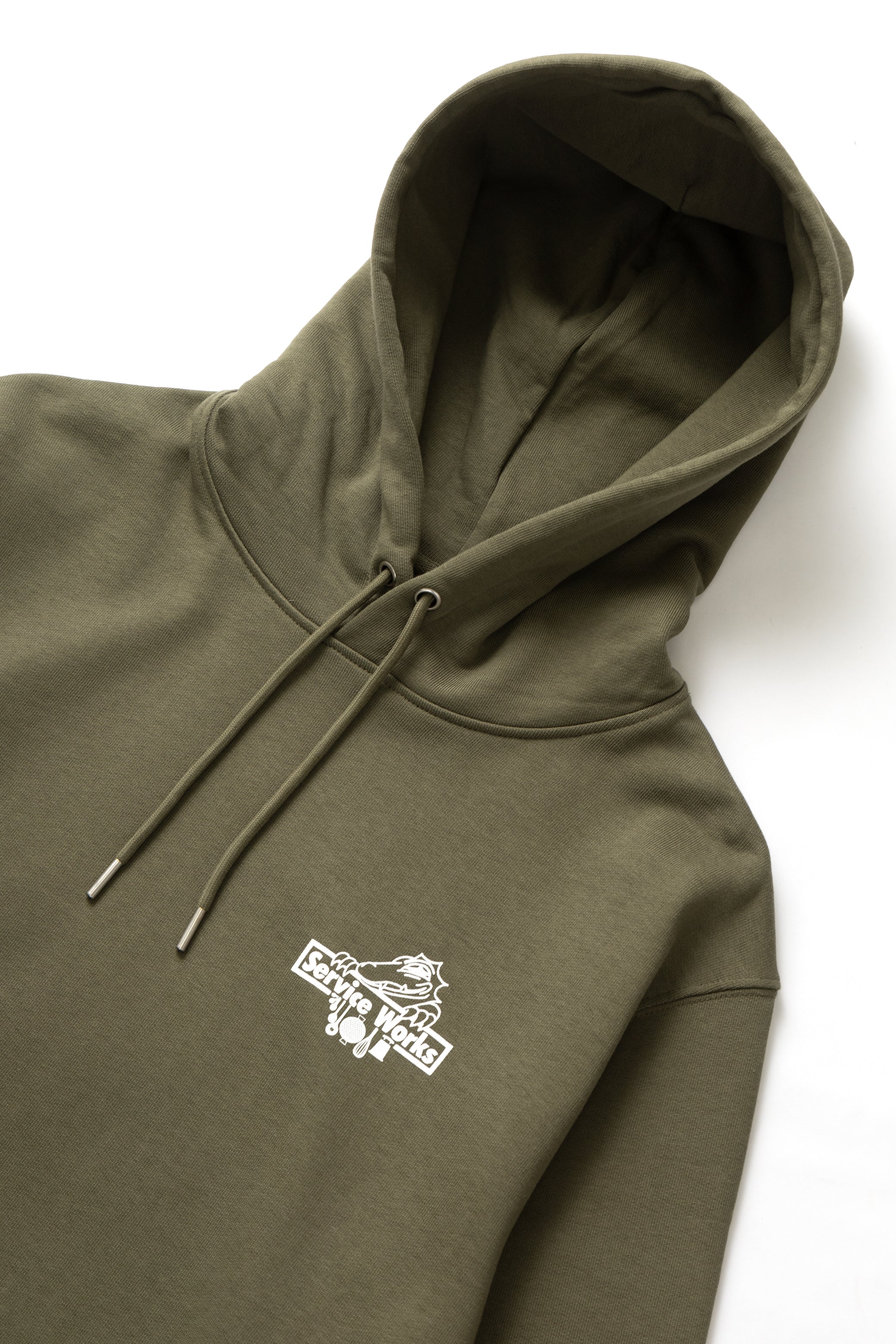 DEYA x Service Works Love Is Hoodie - Olive - Front Close Up