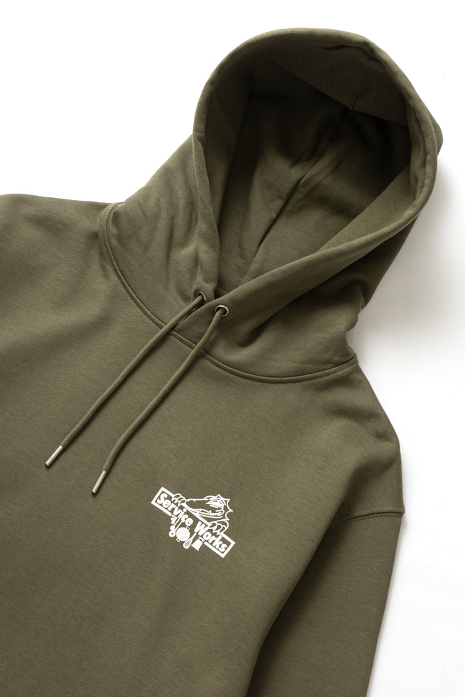 DEYA x Service Works Love Is Hoodie - Olive - Front Close Up