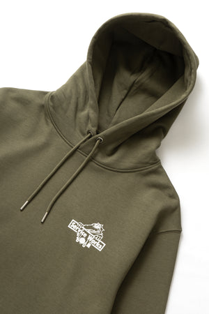 DEYA x Service Works Love Is Hoodie - Olive - Front Close Up