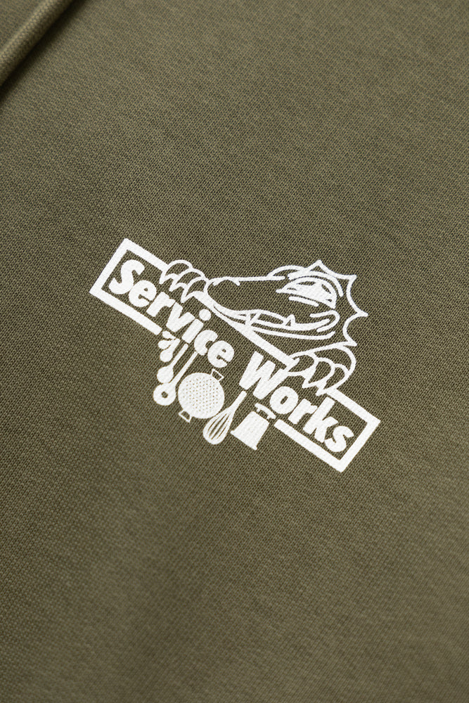 DEYA x Service Works Love Is Hoodie - Olive - Front Design Close Up
