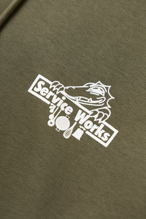 DEYA x Service Works Love Is Hoodie - Olive - Front Design Close Up