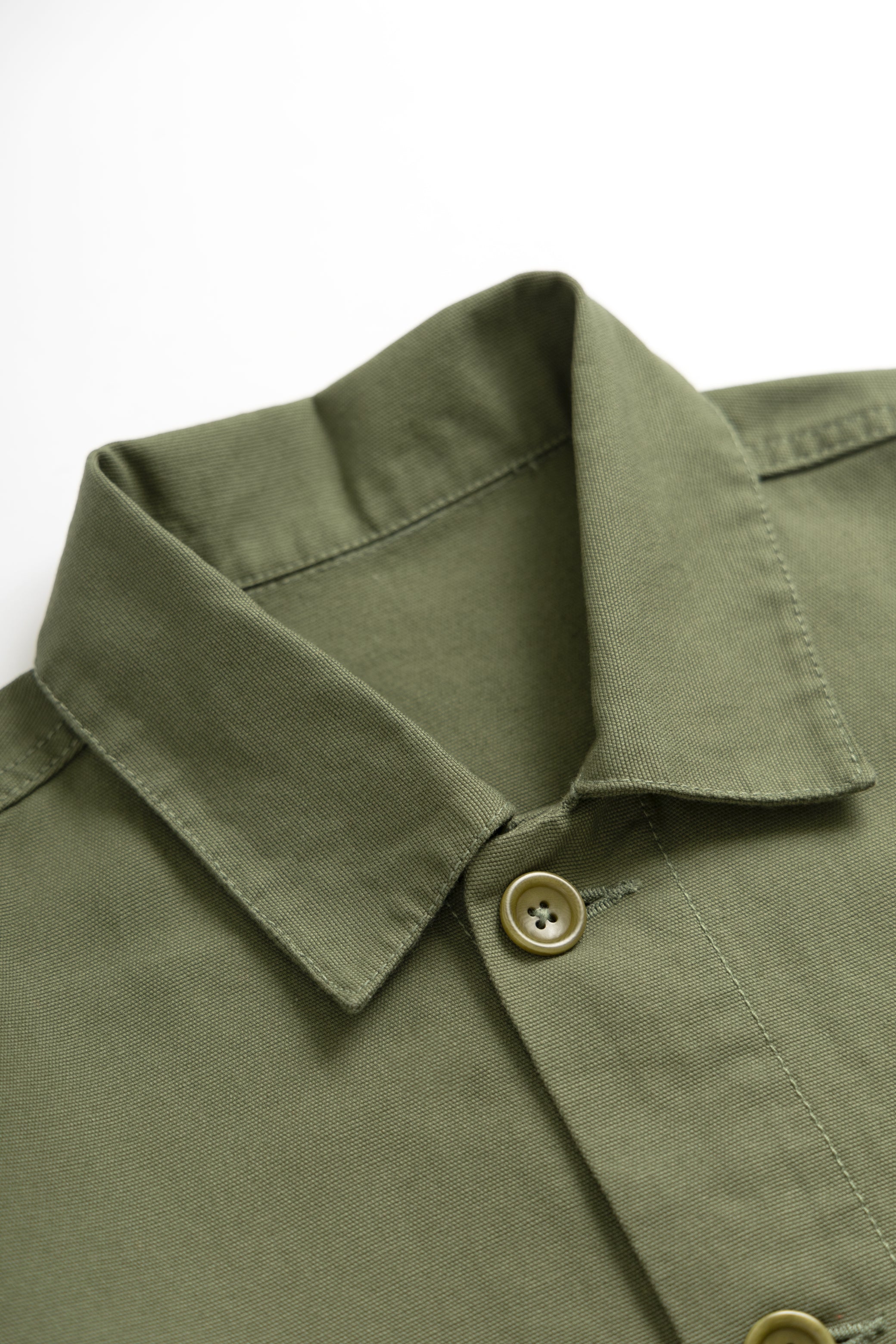 DEYA x Service Works Olive Green FOH Coverall Jacket - close up collar