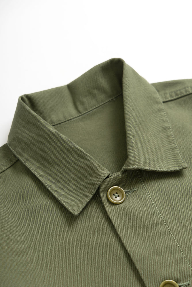 DEYA x Service Works Olive Green FOH Coverall Jacket - close up collar