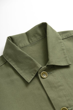 DEYA x Service Works Olive Green FOH Coverall Jacket - close up collar